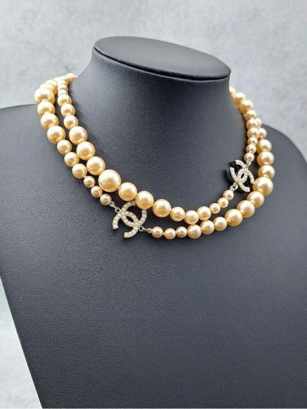 CHANEL Gold-Tone Pearl Double Strand Necklace with Crystal CC Charms